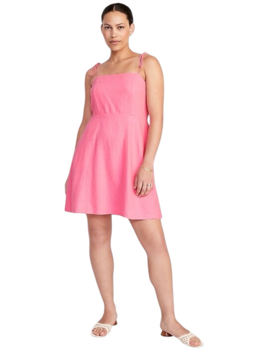 Old Navy Fit & Flare Pink Tie-Shoulder Mini Linen Blend Cami Dress Size Large